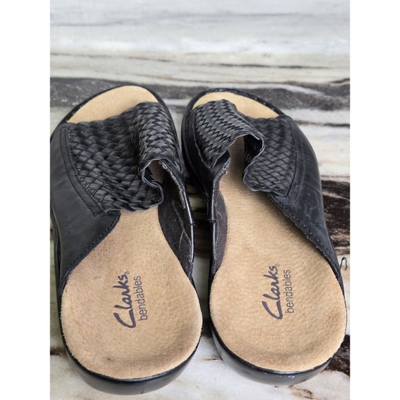 Black Leather Clarks Slide On Woven Mules Sandals Size 6 - Picture 8 of 9